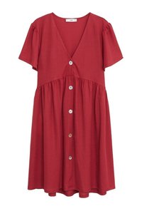 Robe rouge à manches courtes avec un décolleté en V, dotée d'une fermeture à boutons à l'avant et d'une taille froncée. Fabriquée dans un tissu doux et léger.