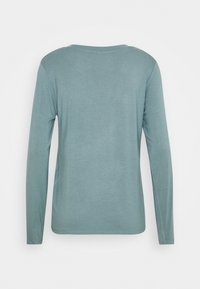 Långärmad skjorta i teal som visas från baksidan, med en enkel design och mjuk tygstruktur. Inga synliga logotyper eller utsmyckningar.