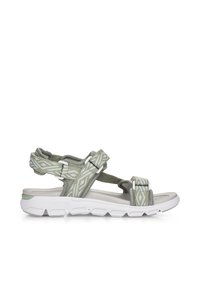 Light green sandals with patterned straps, adjustable buckles, and a white cushioned sole; designed for comfort and mobility.