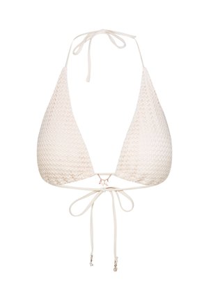 White crochet bikini top with triangle cups, thin straps, and halter neck. Features a decorative hardware detail at the center and adjustable ties.