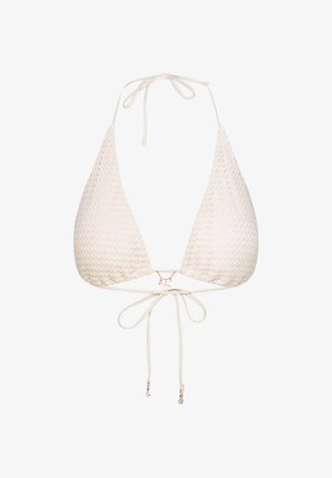 White crochet bikini top with triangle cups, thin straps, and halter neck. Features a decorative hardware detail at the center and adjustable ties.