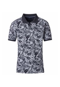 Szara koszulka polo z krótkim rękawem, z czarnymi wzorami kwiatów i liści, czarnym kołnierzykiem i mankietami.