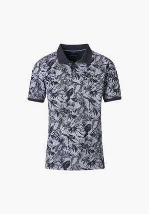 Szara koszulka polo z krótkim rękawem, z czarnymi wzorami kwiatów i liści, czarnym kołnierzykiem i mankietami.