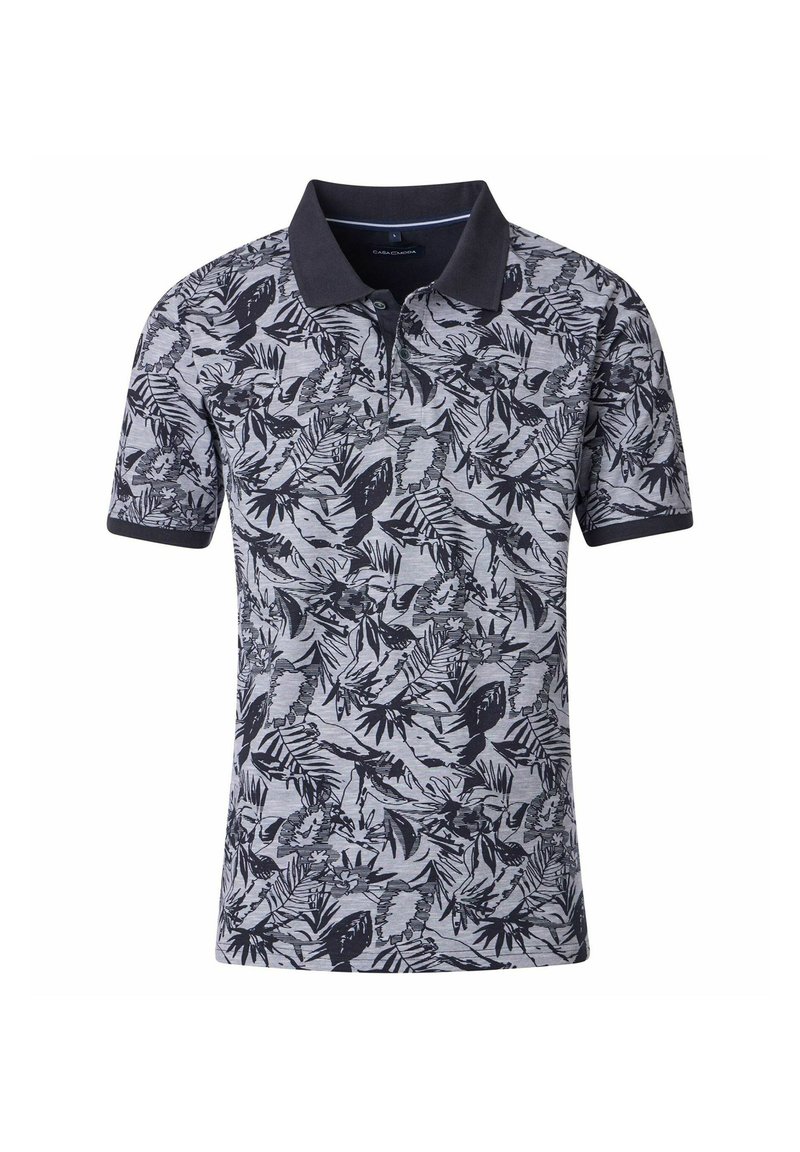 Szara koszulka polo z krótkim rękawem, z czarnymi wzorami kwiatów i liści, czarnym kołnierzykiem i mankietami.