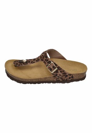 Brown leopard print thong sandal with adjustable buckle strap, cushioned cork sole, and black rubber outsole, angled left on white background.