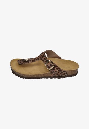 Brown leopard print thong sandal with adjustable buckle strap, cushioned cork sole, and black rubber outsole, angled left on white background.
