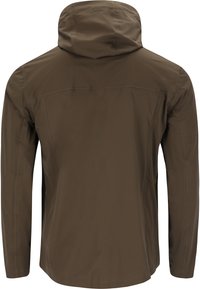 Veste légère marron avec capuche, présentant une texture lisse, des manches longues et des coutures renforcées. La vue arrière montre la simplicité du design.