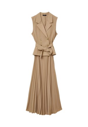 Beiges plissee-Kleid mit einem doppelt geknöpften ärmellosen Oberteil und einem Bindegürtel in der Taille. Mit goldfarbenen Knöpfen und einem schwingenden Rock.