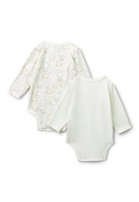 Due body neonato a maniche lunghe, uno color bianco semplice e uno bianco con un motivo di facce di conigliette marrone chiaro e grigio.