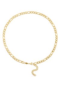 Collier en métal doré avec de grands maillons entrelacés, fermeture à clip en forme de homard, et chaîne d'extension réglable.