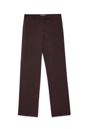Pantaloni marroni su misura con un design a gamba dritta, texture liscia, passanti per cintura e parte frontale piatta con cuciture minime.