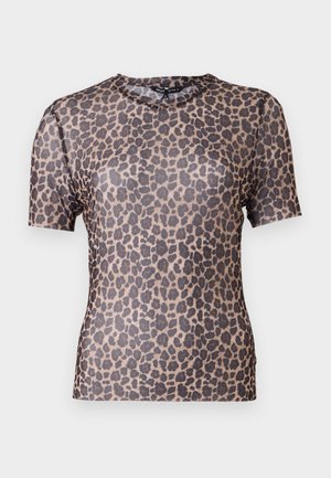 Lyijykkä kuosiset lyhythihaiset paidat, valmistettu kevyestä ja läpikuultavasta kankaasta, jossa on pyöreä kaula-aukko ja sileä pinta. Mallissa on tummanruskeita täpliä.