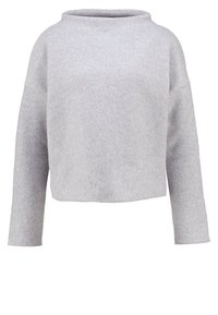 Pull court gris clair, texture douce, encolure arrondie, épaules tombantes, manches longues, design minimaliste sans fermetures ni ornements visibles.