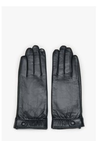 Czarne skórzane rękawiczki o gładkiej teksturze, z pięcioma palcami, z guzikiem przy mankiecie i przeszyciami wzdłuż szwów.