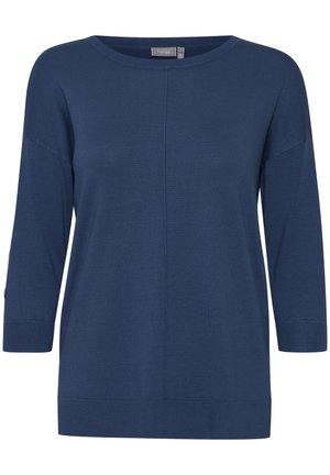 Marineblauw gebreid topje met een bootnek, driekwart mouwen, verlaagde schoudernaden en geribde manchetten enzoom.