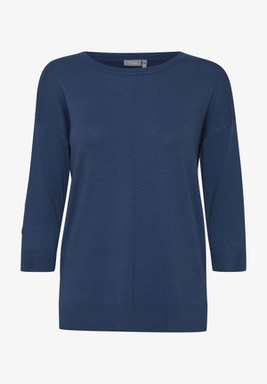 Maglione a collo barca di colore blu navy, con maniche a tre quarti, spalle scese e polsini e orlo a costine.