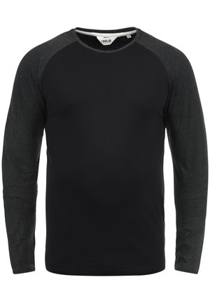 Black long-sleeve shirt with dark gray raglan sleeves. Made from soft material, it features a round neckline and a plain design.