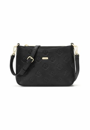 Czarna torebka na ramię z tłoczonymi wzorami w kształcie diamentów, złotymi okuciami, regulowanym paskiem oraz zamknięciem na zamek błyskawiczny u góry.