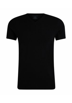 Schwarz, kurzärmliges V-Ausschnitt-T-Shirt aus weichem Baumwollmaterial. Klassische Passform mit glatter Textur und einfachem, klaren Design. Keine Muster oder Akzente.