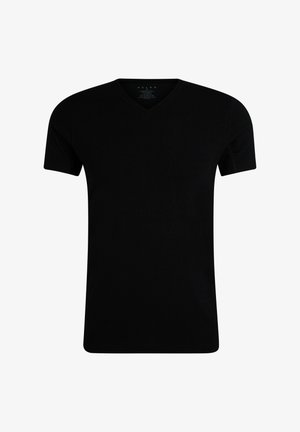 Schwarz, kurzärmliges V-Ausschnitt-T-Shirt aus weichem Baumwollmaterial. Klassische Passform mit glatter Textur und einfachem, klaren Design. Keine Muster oder Akzente.