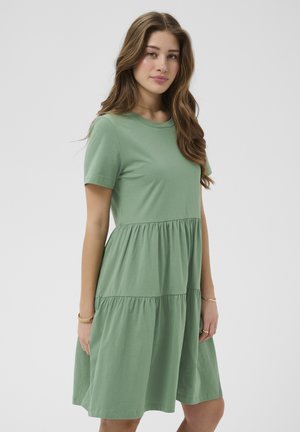 Tânără cu păr lung și castaniu, purtând o rochie verde deschis, pe niveluri, cu mâneci scurte și lungime până la genunchi, pe un fundal simplu.