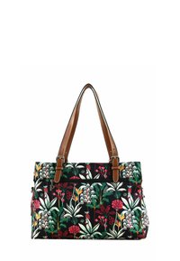 Borsa a tracolla in tessuto nero con stampa floreale e botanica in rosso, bianco e verde. Manici in pelle marrone e dettaglio con tasca con zip.