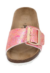 Pink and gold slide sandal with a crocodile texture, adjustable gold buckle, cork footbed, and white rubber outsole. Size 37.