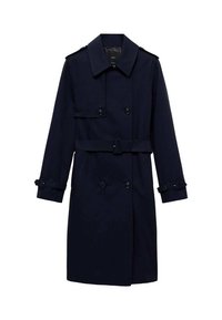 Trench-coat bleu marine à double boutonnage avec col large, taille ceinturée, pattes d'épaule boutonnées et bracelets de manche.