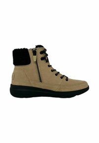 Beige suede ankle boots with black fleece collar, lace-up front, side zipper, and black rubber sole. Textured finish with stitching details.