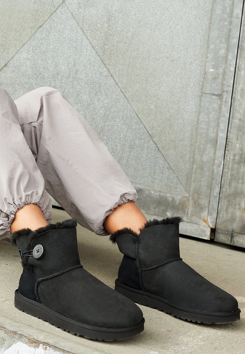 Personne portant des bottines noires doublées de fourrure avec détails à boutons, assise sur des escaliers en béton, montrant des jambes vêtues de pantalons gris clair retroussés.