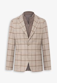 Beige rutigt kavaj med skarp krage, två framfickor och ett brunt blixtlåsfodral. Tillverkad av strukturerad väv.