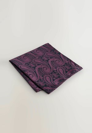 Dark fabric napkin featuring a paisley pattern in deep purple and pink, with intricate detailing and a smooth texture.