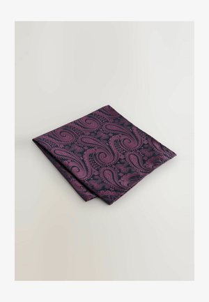 Dark fabric napkin featuring a paisley pattern in deep purple and pink, with intricate detailing and a smooth texture.