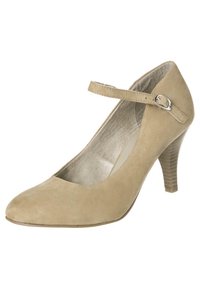 Beige semišové lodičky Mary Jane na vysokém podpatku s kulatou špičkou a jemným náramkem kolem kotníku, který má stříbrnou sponu. Texturovaný detail na podpatku.