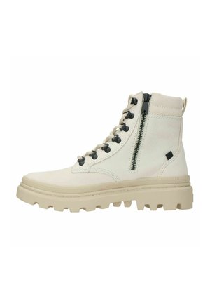 Beige ankle boots with a textured surface, featuring a side zipper, black lace eyelets, and a thick, rugged sole.