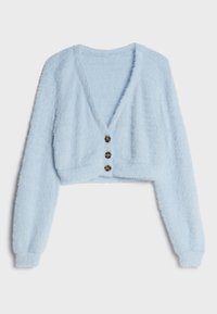 Cardigan corto fuzzy blu chiaro con maniche lunghe e tre bottoni tartaruga lungo il centro anteriore.