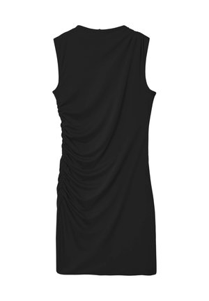 Abito nero senza maniche con retro drappeggiato e texture arricciata, caratterizzato da un collo rotondo, realizzato in un tessuto liscio.