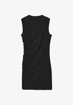 Abito nero senza maniche con retro drappeggiato e texture arricciata, caratterizzato da un collo rotondo, realizzato in un tessuto liscio.