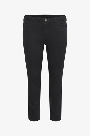 Melni džinsi iz izturīgas auduma ar šauru piegriezumu, piedāvājot standarta jostasvietu, priekšējās kabatas un diskrētas izšūšanas detaļas.