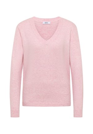 Jasnoróżowy sweter w serek, wykonany z miękkiego, teksturowanego materiału. Długie rękawy z dopasowanymi ściągaczami. Metka z napisem "CECI". Prosty, klasyczny design.