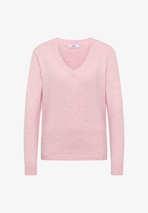 Jasnoróżowy sweter w serek, wykonany z miękkiego, teksturowanego materiału. Długie rękawy z dopasowanymi ściągaczami. Metka z napisem "CECI". Prosty, klasyczny design.