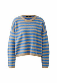Gestreepte trui in blauwe en tan tinten, gemaakt van zacht materiaal. Kenmerkt zich door een ronde halslijn en verlaagde schouders met een cropped ontwerp.