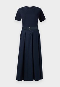 Navy blue dress with short sleeves, a fitted top, and a pleated skirt. Features a matching belt with a circular buckle. Smooth fabric texture.