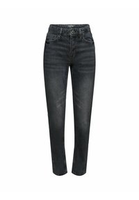 Jean slim noir taille haute avec fermeture bouton et zip, poches avant et arrière, et détails subtilement délavés.