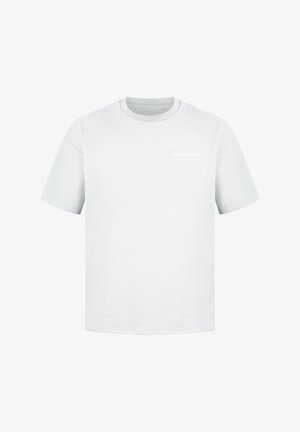 Biała bawełniana koszulka z krótkim rękawem, wykończona dekoltem w kształcie okręgu, z delikatnym logo Smilodox nadrukowanym w jasnym kolorze na piersi.