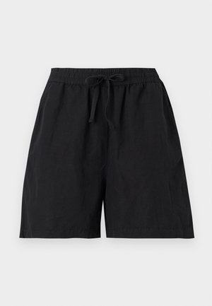 Crne ležerne kratke hlače s elastičnim pojasom i prednjom vrpcom, imaju bočne džepove i širok kroj.