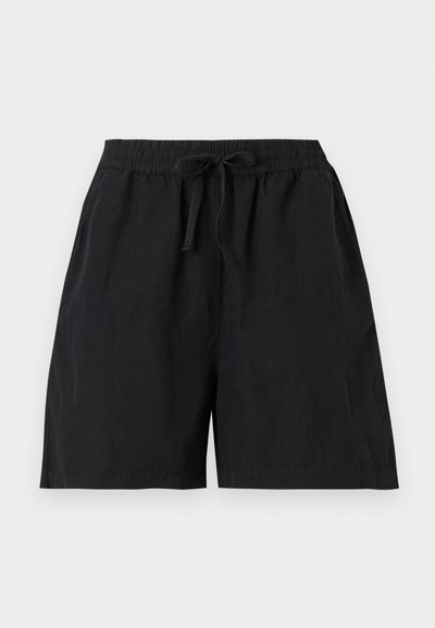 Μαύρα casual σορτσάκια με ελαστική μέση και κορδόνι μπροστά, με πλαϊνές τσέπες και φαρδιά εφαρμογή.