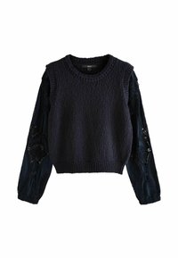 Donker marineblauwe trui met een gestructureerd lijf en lange kant sleeves met verfijnde patronen. Ronde halslijn en cropped ontwerp.