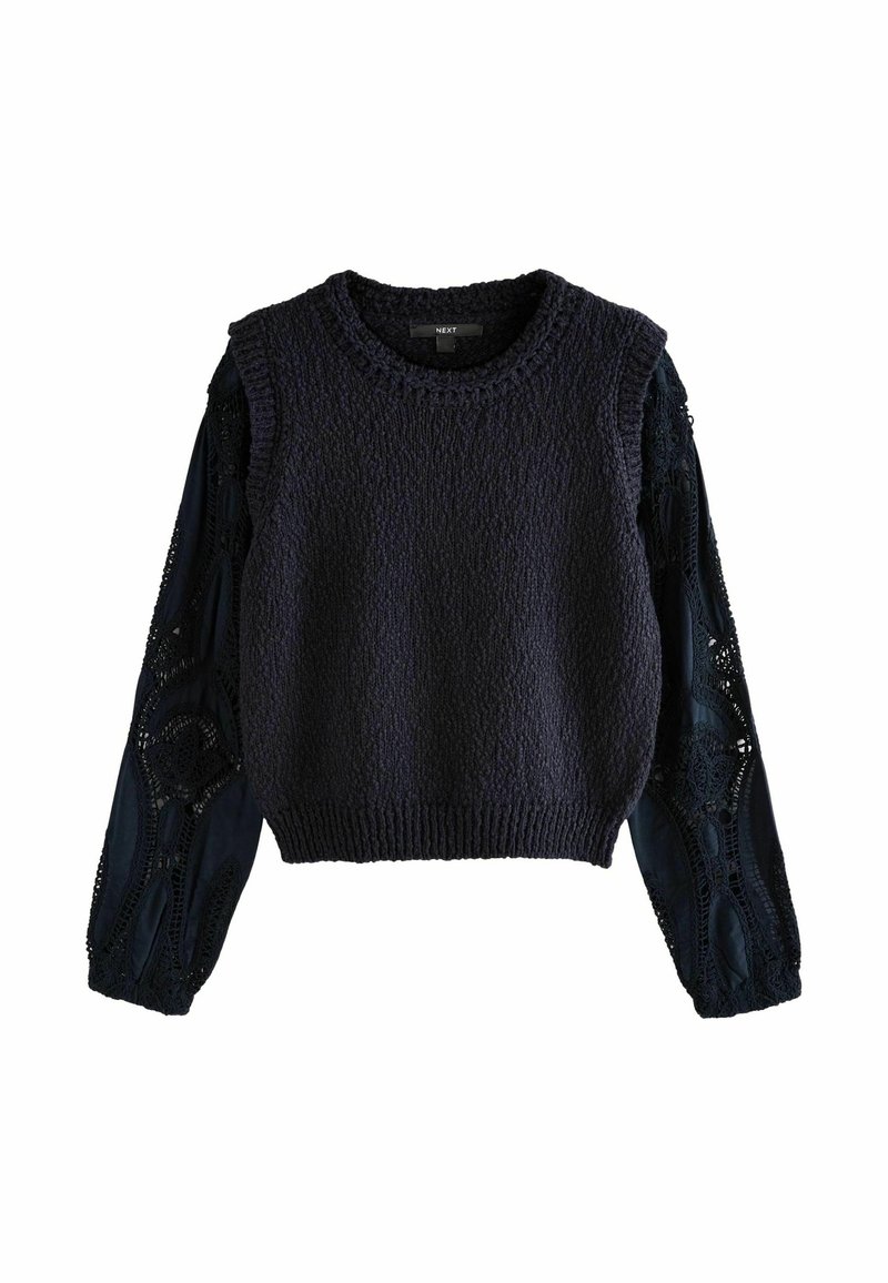 Donker marineblauwe trui met een gestructureerd lijf en lange kant sleeves met verfijnde patronen. Ronde halslijn en cropped ontwerp.