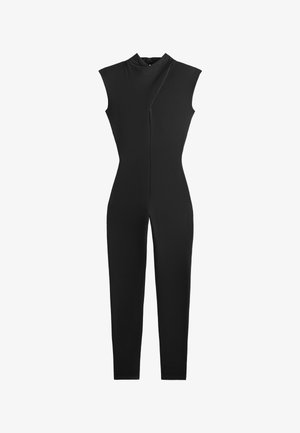 Black jumpsuit with a high neck, sleeveless design, and asymmetrical front seam. Made of smooth fabric, fitted through the body and legs.